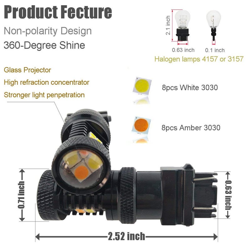 iBrightstar Extremely Bright 3030 Chipsets 3157 4157 3155 3457 Switchback LED Bulbs with Projector Replacement for Daytime Running Lights/DRL and Turn Signal Lights, White/Amber - Image 2
